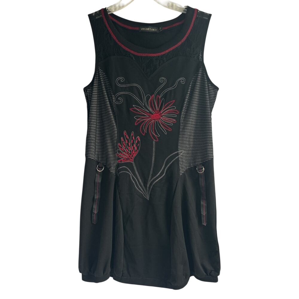 Virginie & Moi Size 4 Tall Black Sleeveless Dress Floral Embroidery Striped Lace
